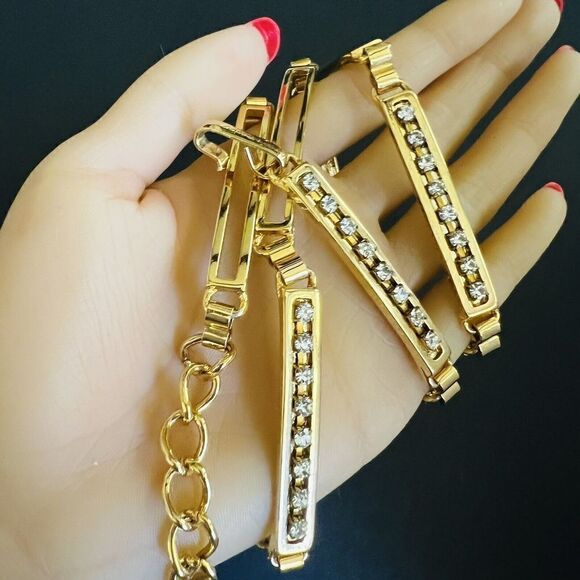 Vintage Italy Gold Plated Rhinestone Geometric Chain Belt Rectangle Links 4182